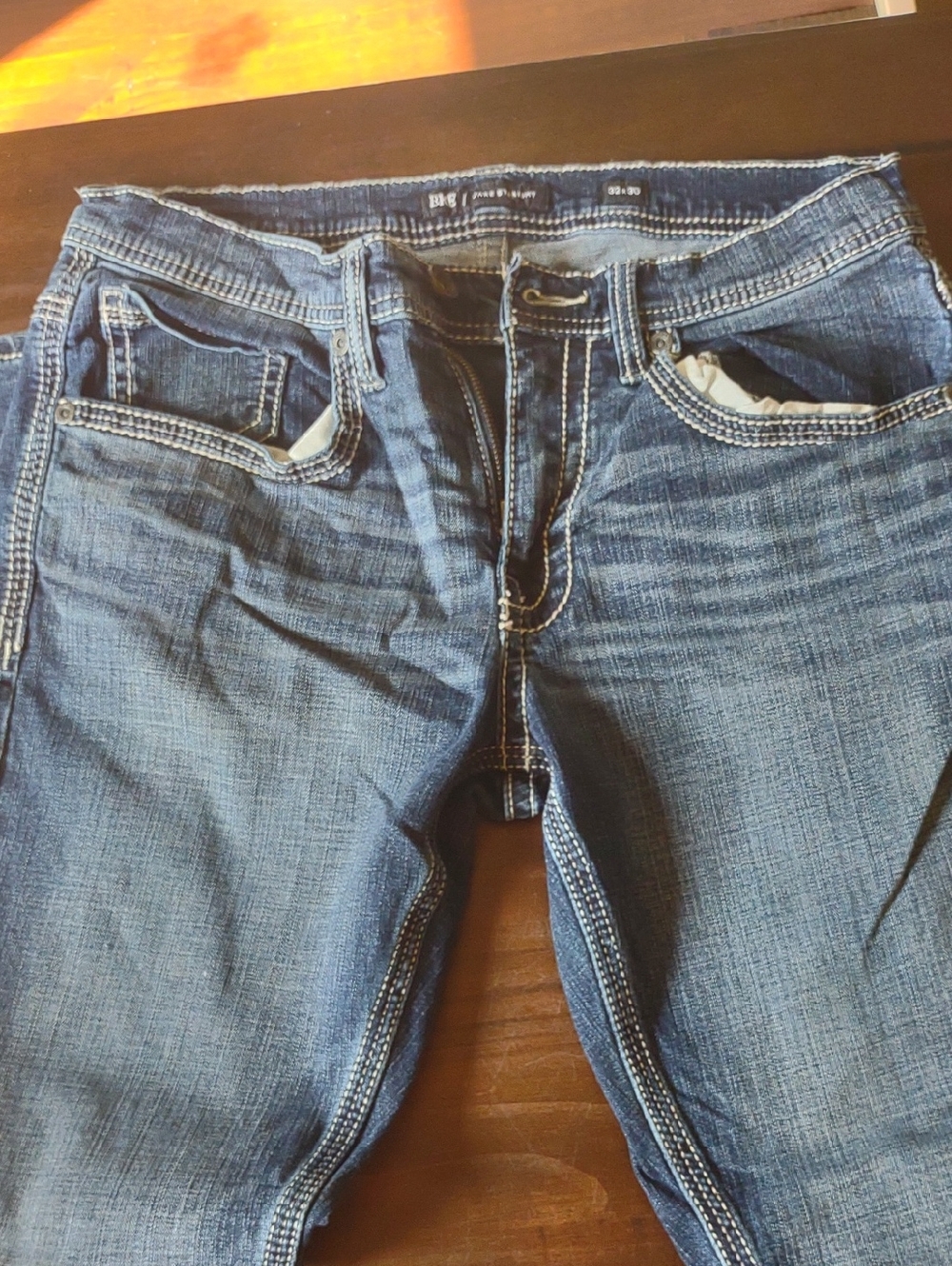 BKE Men's Slim Straight Jeans in Dark Blue with White Contrast Stitching